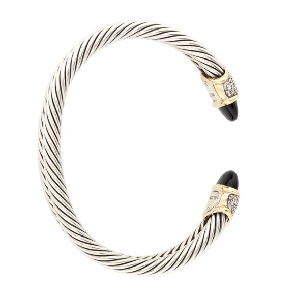 DAVID YURMAN STERLING SILVER & 18K YG ONYX & DIAMOND CAPRI CUFF BRACELET - Picture 6 of 10